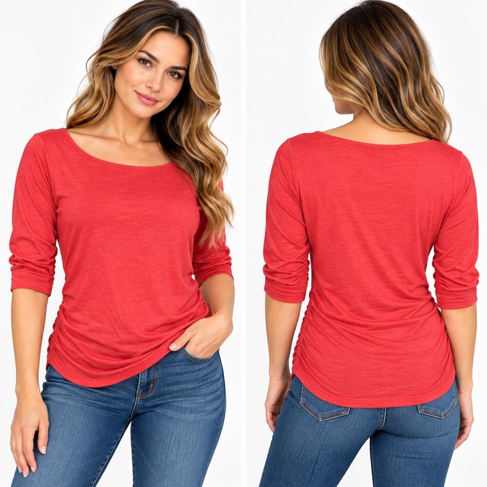 Gap Y2K Red Boat Neck Ruched Side T Shirt Top Womens Lightweight Medium